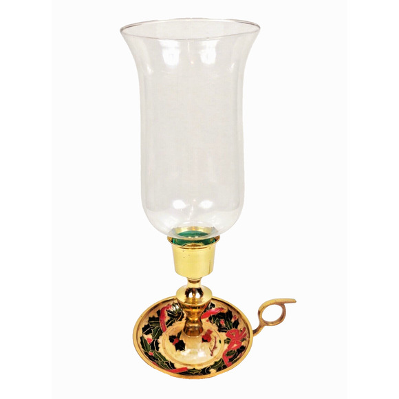 Vintage Brass Chamber Candlestick Holder Painted Enamel Holly Berry Glass Globe - Picture 1 of 12
